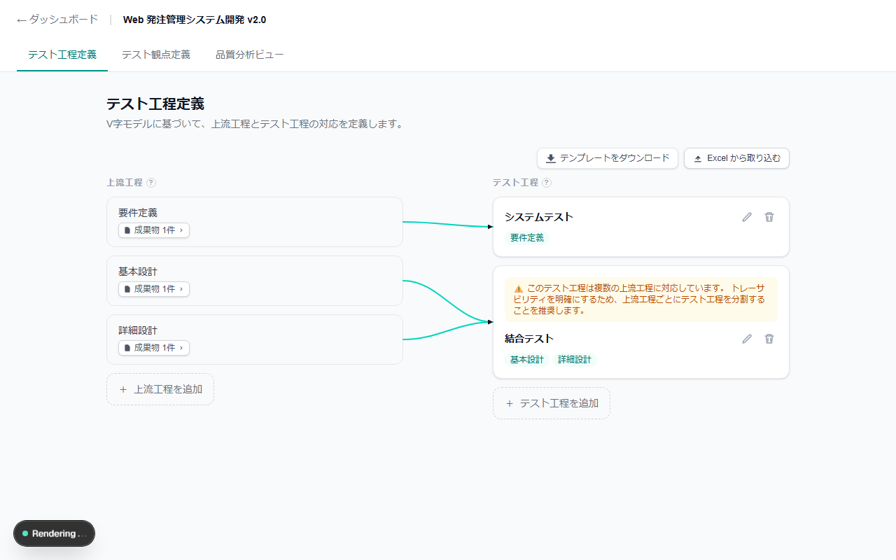 テスト工程定義 — V字モデルに沿って、上流工程と対応するテスト工程を並べて確認